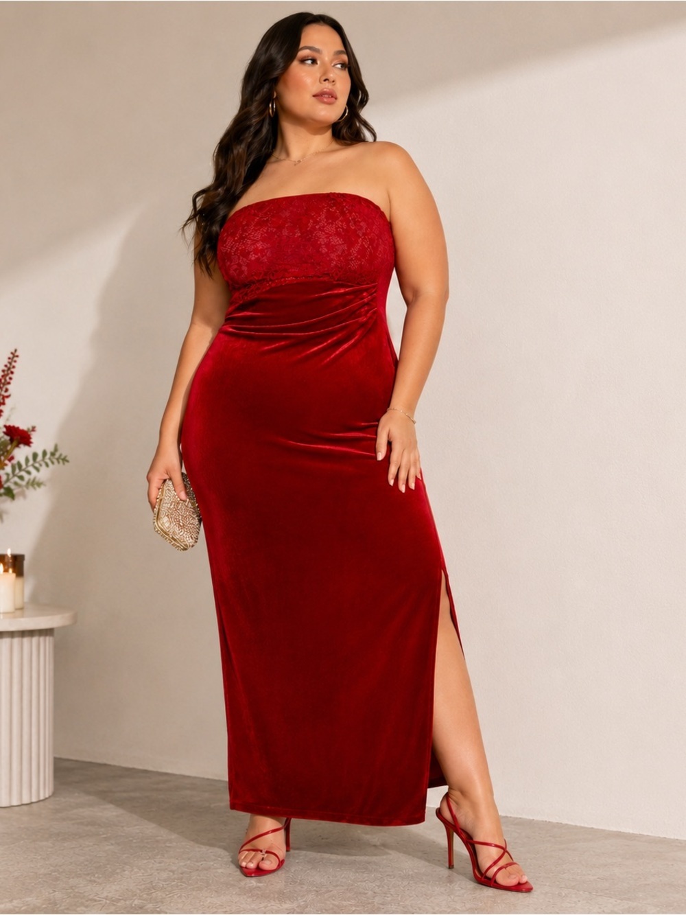 Forever 21 Plus Size Red Lace & Velour Maxi Dress Strapless Size 0X, NWT